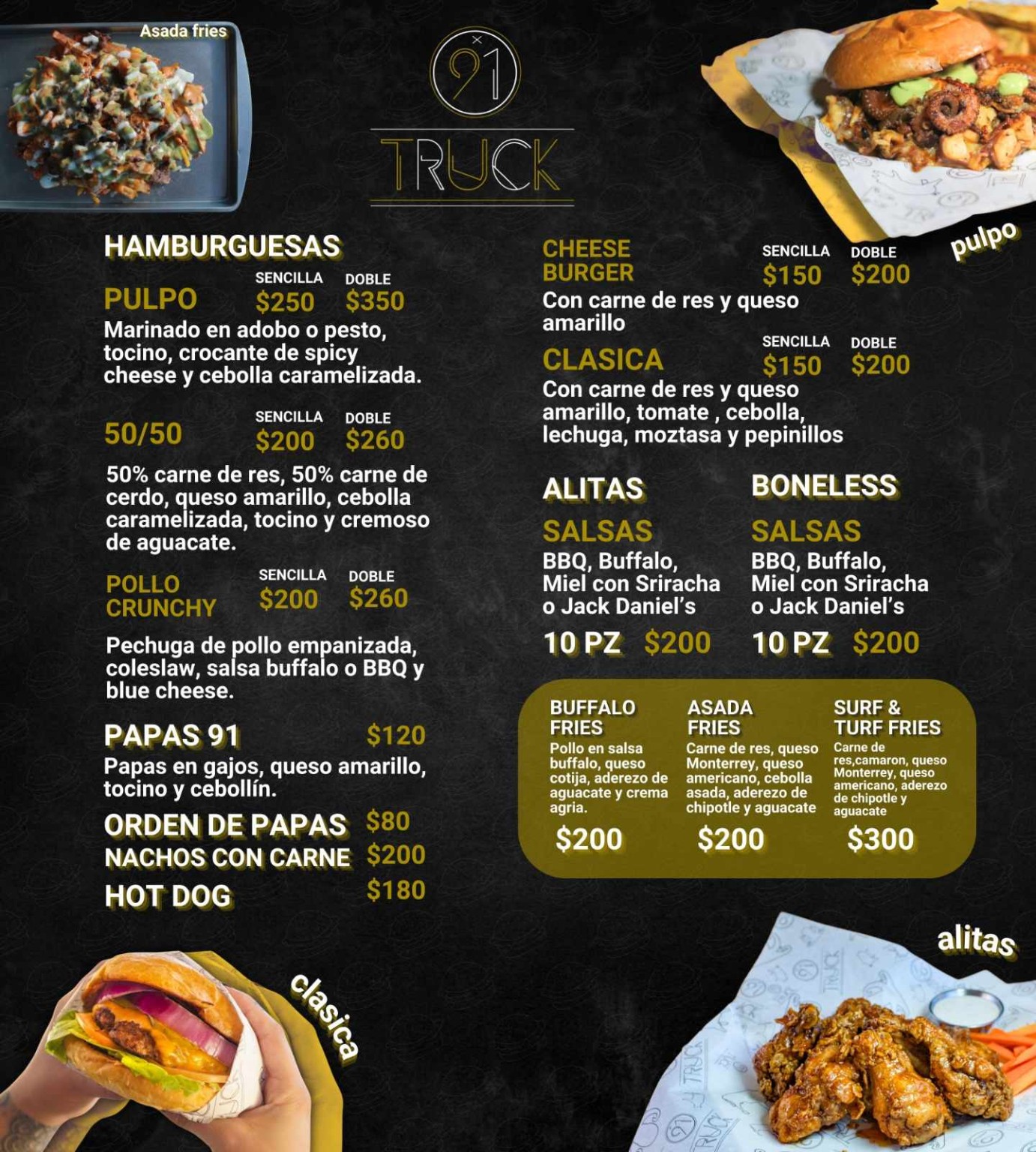 Menú original de Truck 91 con fotografías de sus hamburguesas y alitas